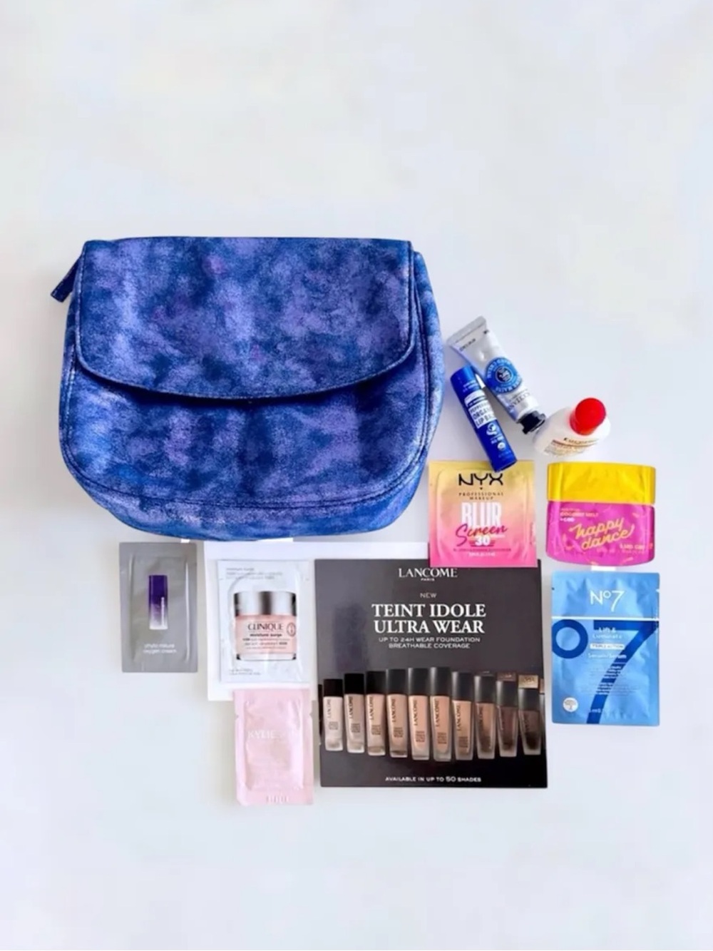 COSMETICS GO BAG BUNDLE: Gunmetal Purple Travel Bag & Makeup Skincare Samples
